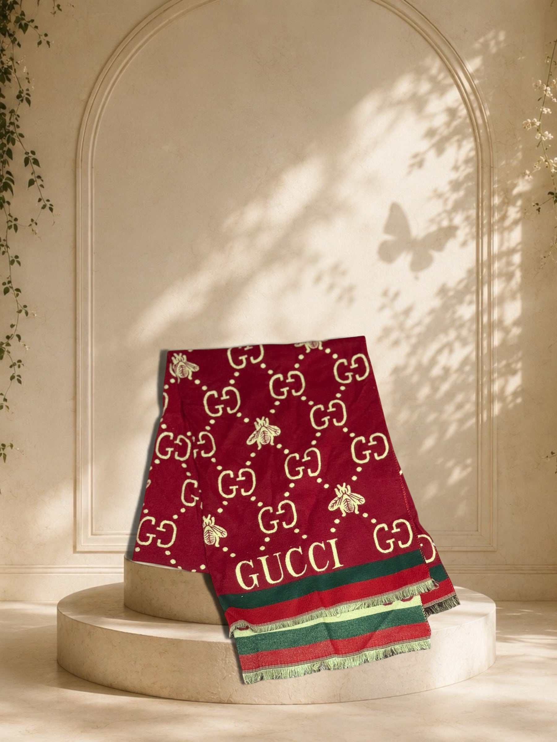 Gucci GG Monogram Bee Pattern Wool Scarf