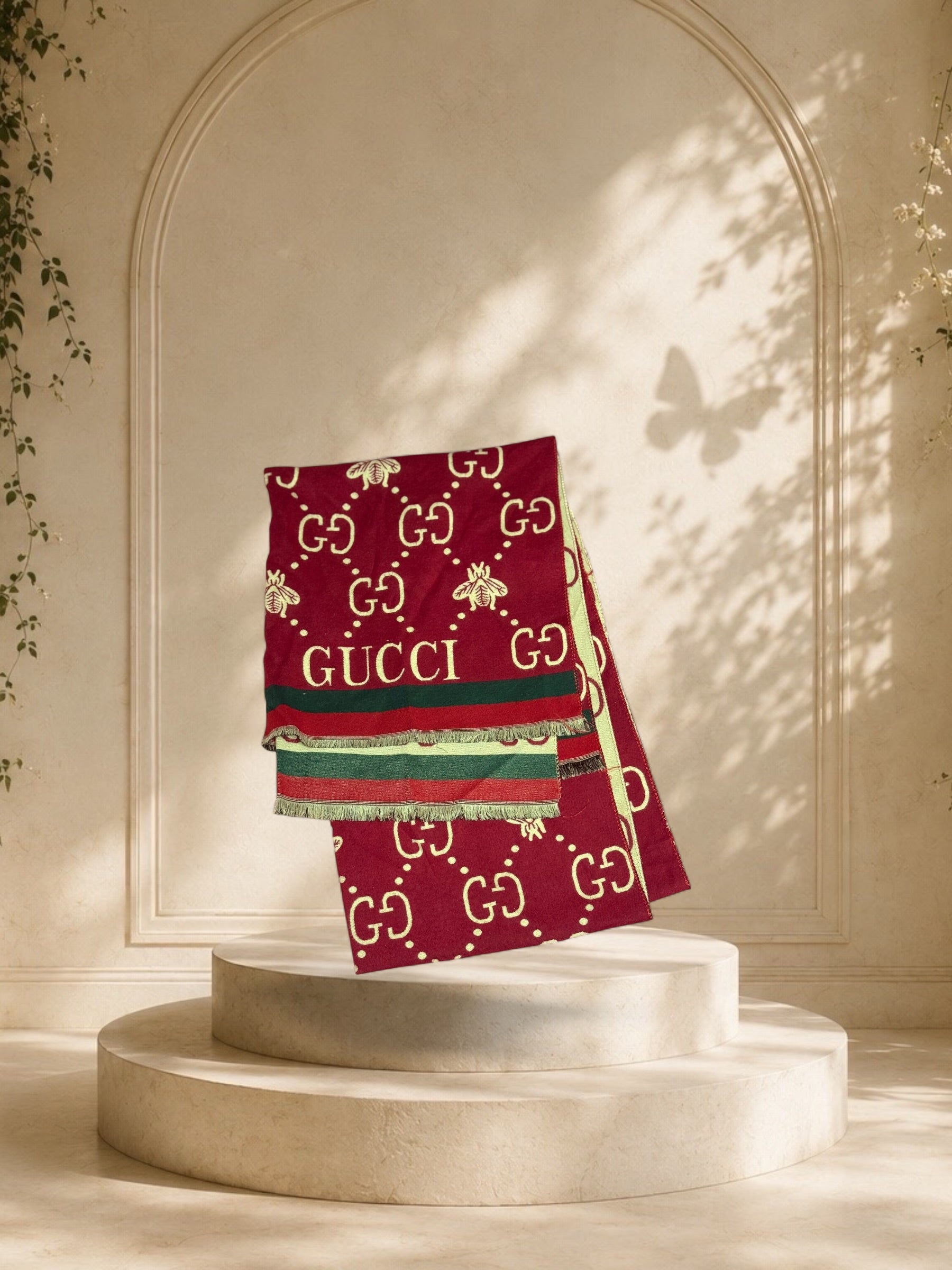 Gucci GG Monogram Bee Pattern Wool Scarf