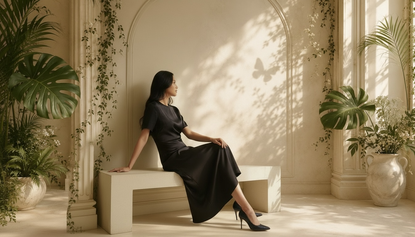 A woman in a black midi dress and black heels sits on a white bench in a sunlit, elegant interior with large potted plants and warm cream walls.