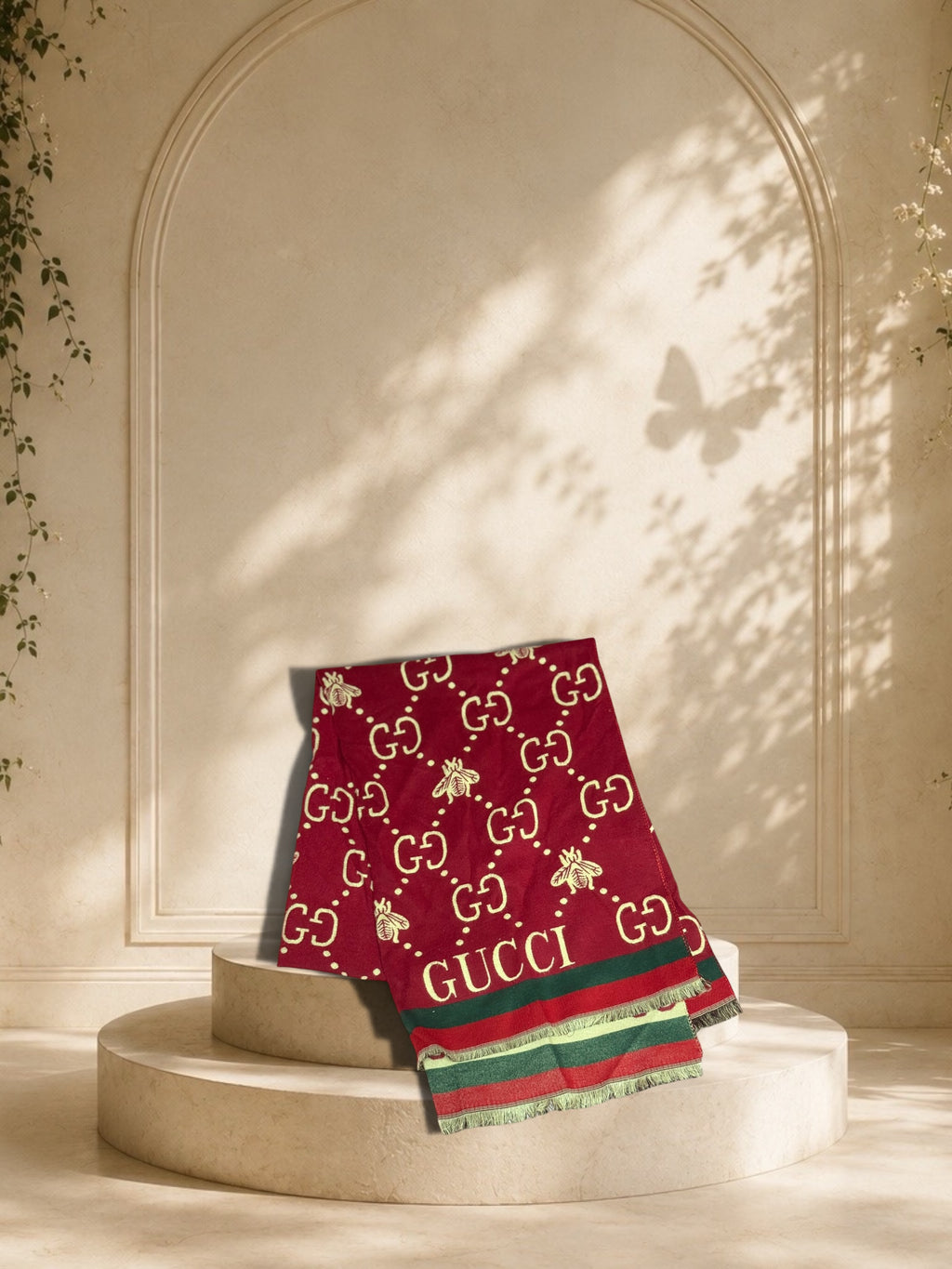 Gucci GG Monogram Bee Pattern Wool Scarf