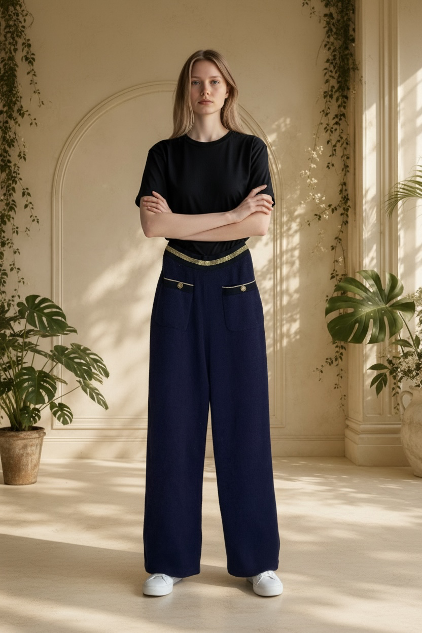 A woman stands indoors with arms crossed, wearing a black short-sleeve top and Chanel dark navy wide-leg trousers with gold-toned front pocket details and a thin gold belt. The room has warm cream walls, arched molding, potted plants, and soft sunlight shadows.