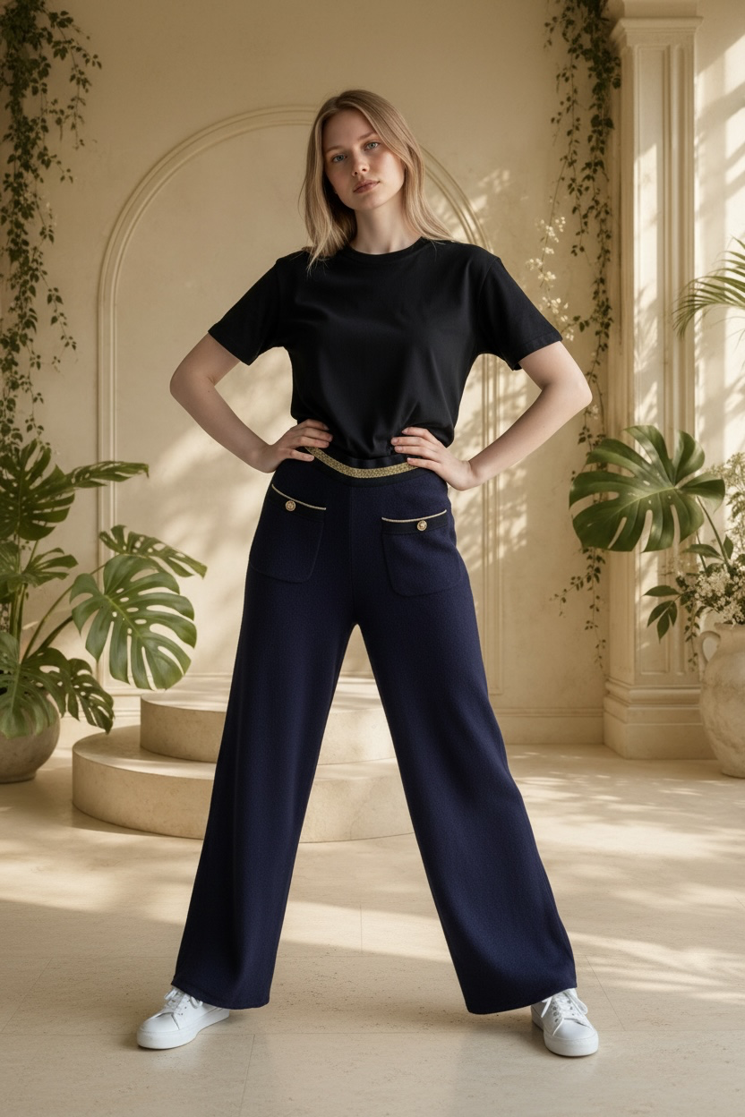 A woman stands in a sunlit indoor setting wearing a black short-sleeve T-shirt and Chanel navy wide-leg pants with gold-tone pocket details, paired with white sneakers.