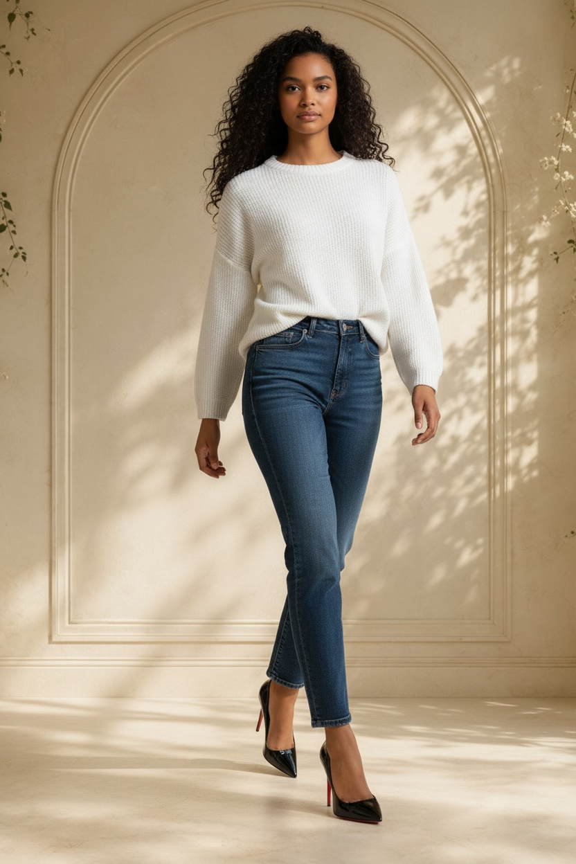 A woman models designer red bottom heels