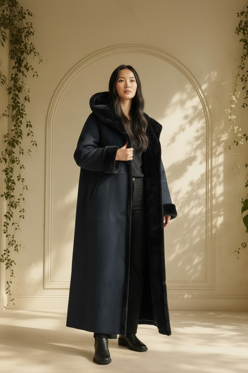 Gallery Hooded Faux Fur Trim Long Coat