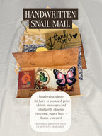 A photo infographic showing the contents of the the Nessa Samantha Handwritten snail mail letter. Each letter is prepared individually and contents may vary.
