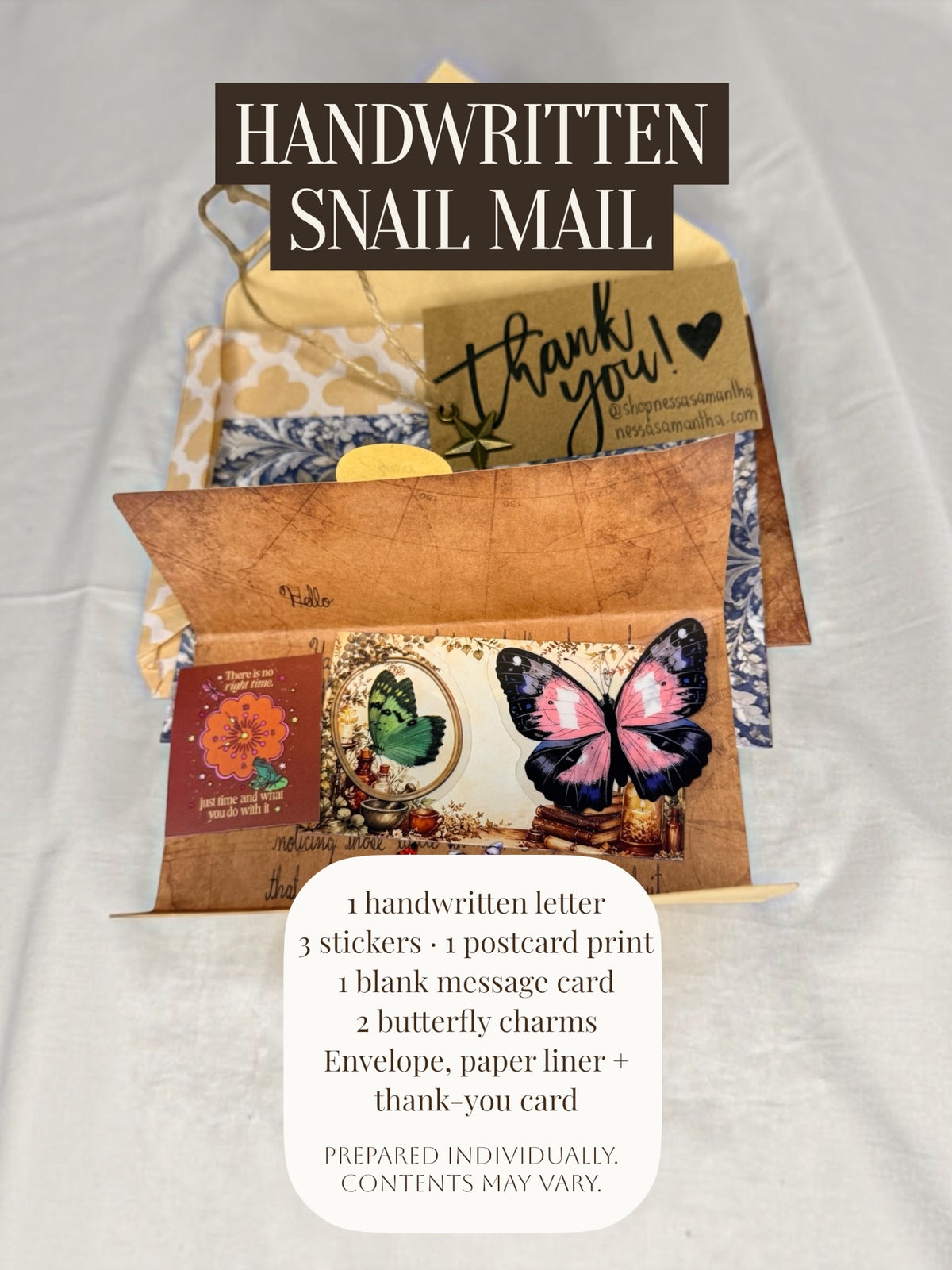 A photo infographic showing the contents of the the Nessa Samantha Handwritten snail mail letter. Each letter is prepared individually and contents may vary.