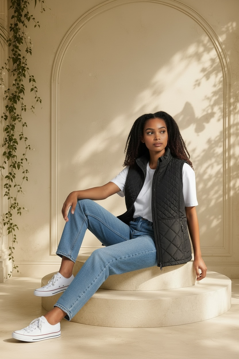 A woman sits on a beige stone pedestal in a sunlit room with an arched wall and climbing vines. She is wearing an Andrew Marc black diamond-quilted mixed-media vest  over a white short-sleeve top, light blue jeans, and white sneakers.