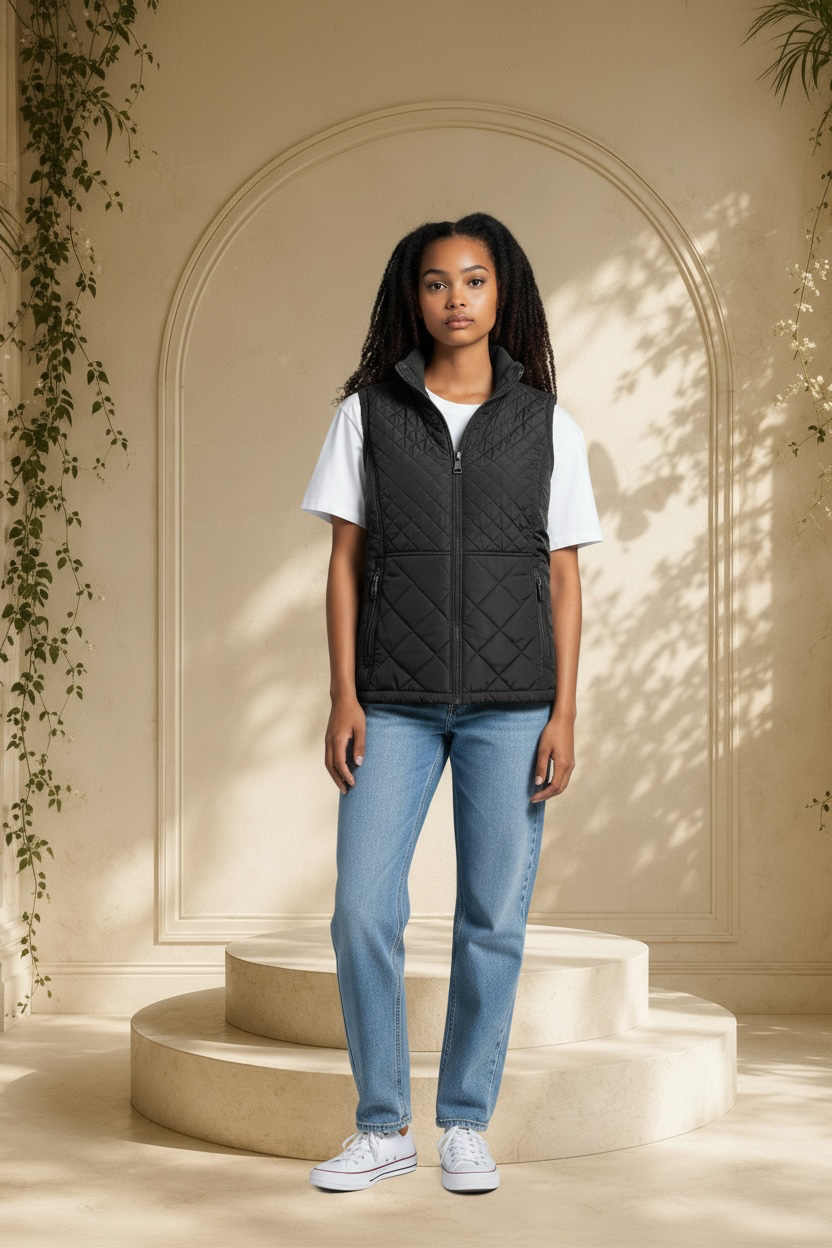 A model stands on a set of beige stone steps in a sunlit architectural setting, wearing an Andrew Marc black diamond-quilted mixed-media vest over a white T-shirt, light blue jeans, and white sneakers.