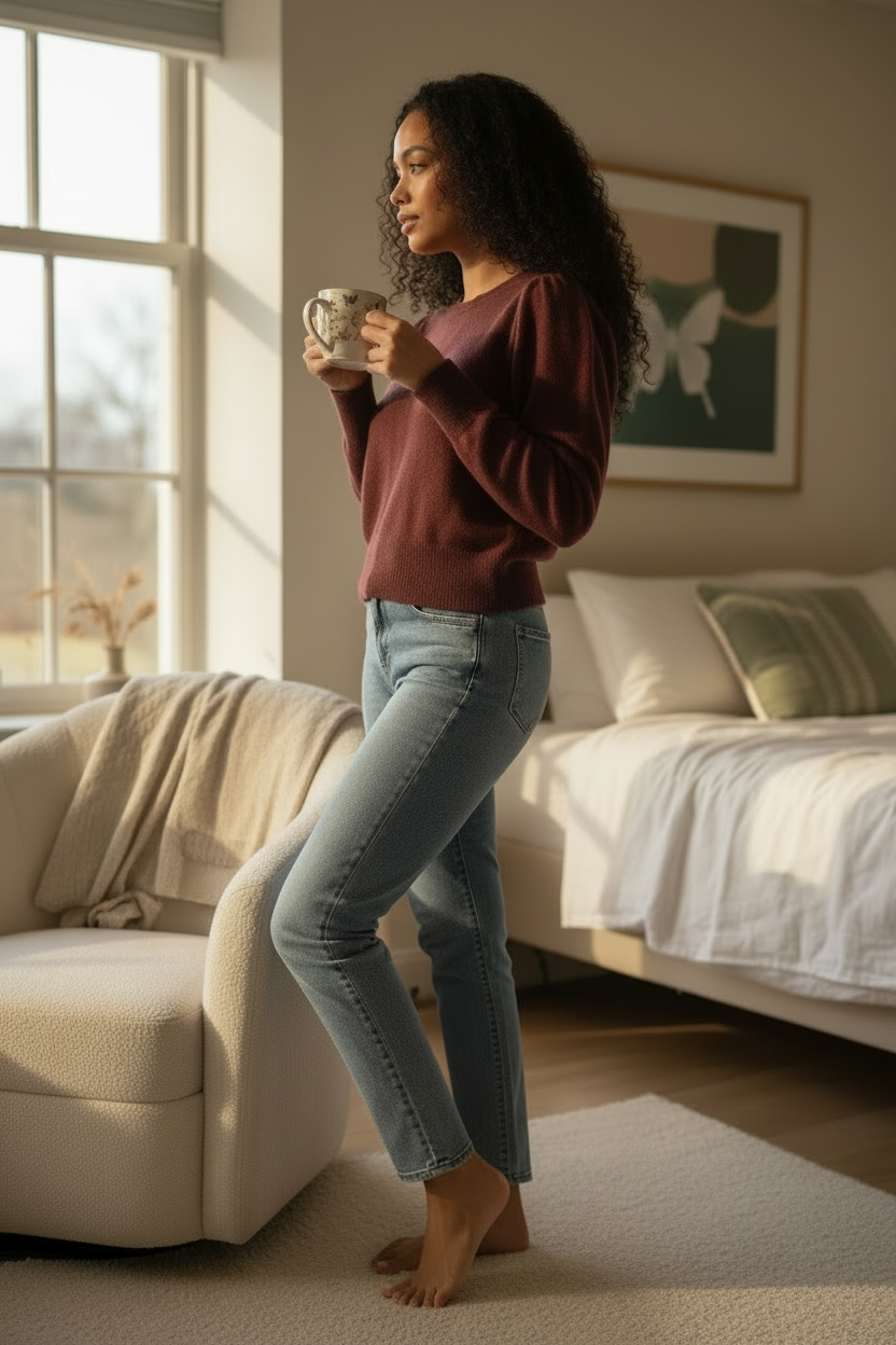 A woman wears a Banana Republic burgundy Italian Merino puff-shoulder sweater front