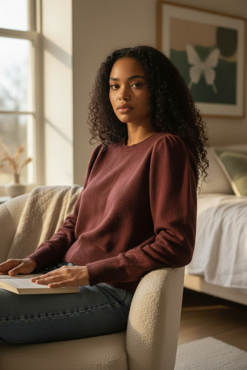 A woman sits in a chair holding a book wearing a Banana Republic burgundy Italian Merino puff-shoulder sweater back