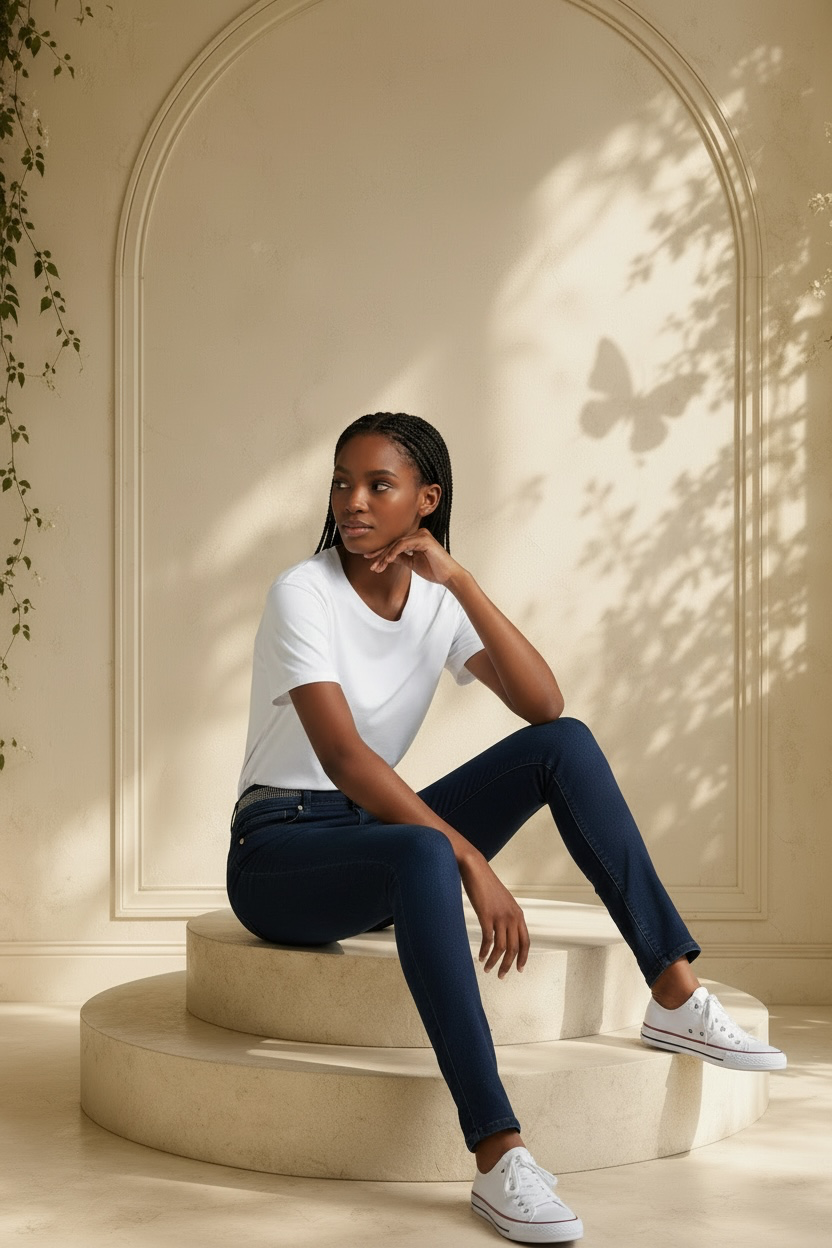 A woman sits on a round beige platform in a sunlit studio setting, wearing a plain white short-sleeve T-shirt, dark navy B.B. Jeans rhinestone waistband skinny jeans, and white low-top sneakers.