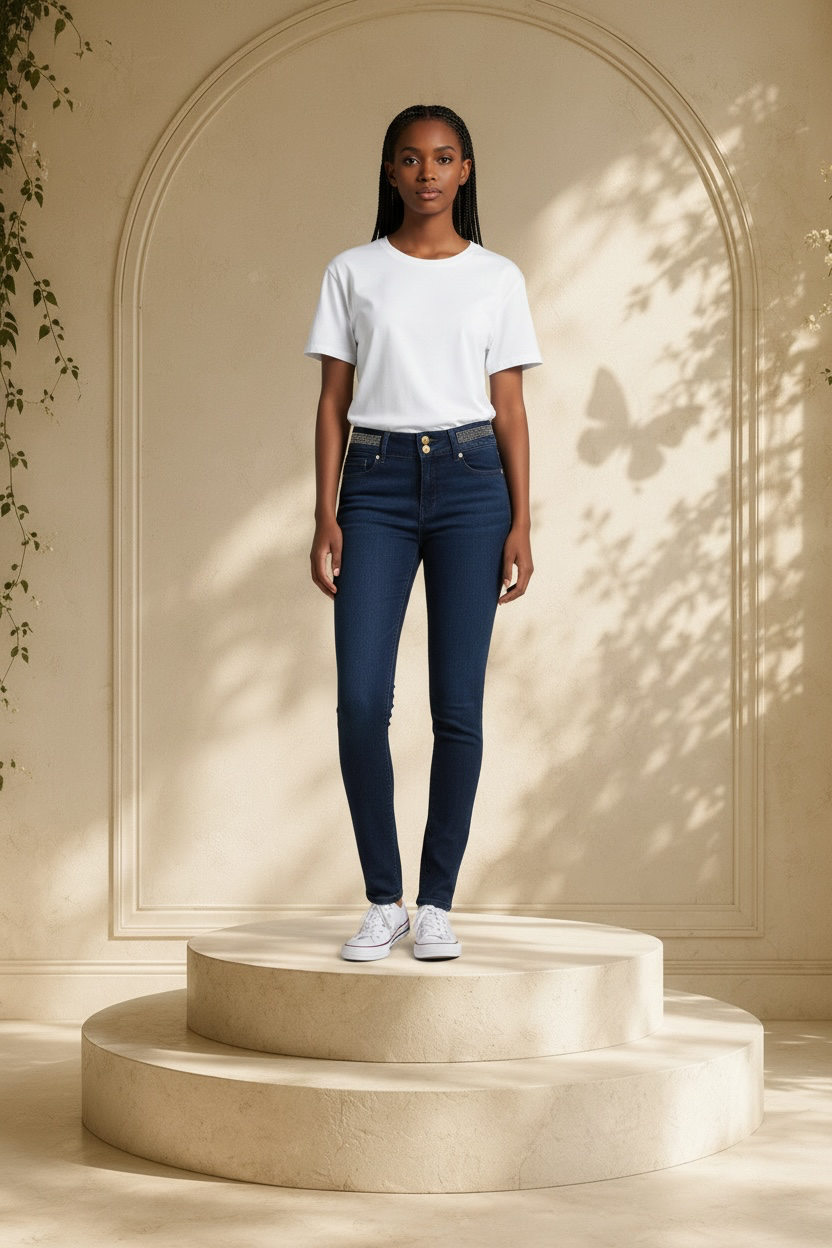 A model stands on two round pedestals in a warm, sunlit studio setting. She is wearing a plain white short-sleeve crewneck t-shirt, B.B. Jeans rhinestone waistband skinny jeans, and white sneakers.