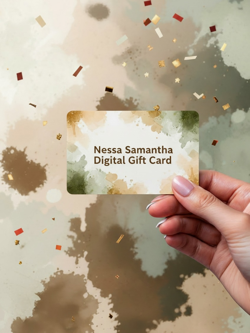 A hand holds a rectangular digital gift card with the text 'Nessa Samantha Digital Gift Card' over a beige and brown watercolor-style background with scattered confetti.