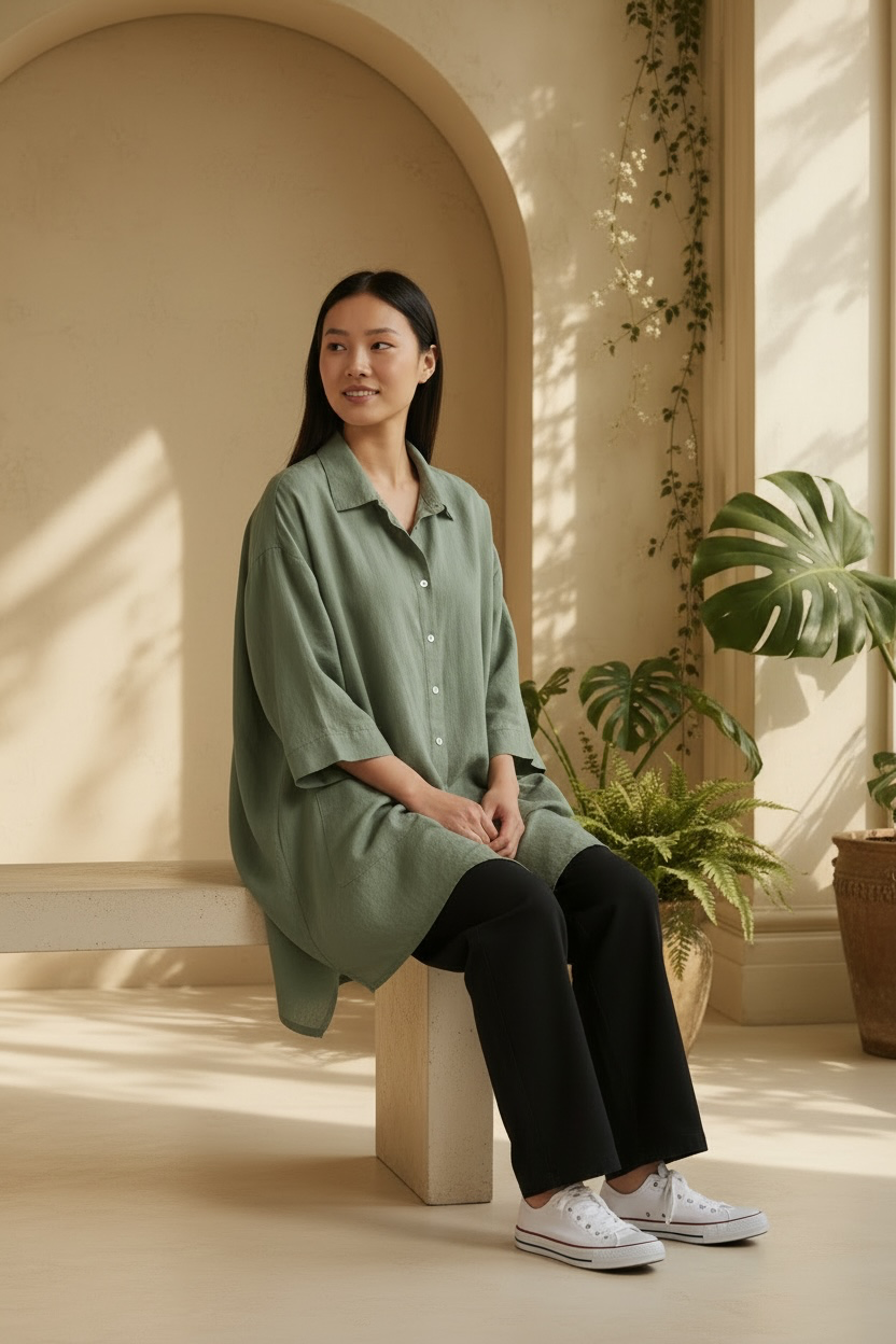 Eleven Stitch Design sage green asymmetrical snap-front pocket shacket modeled with black trousers and white sneakers