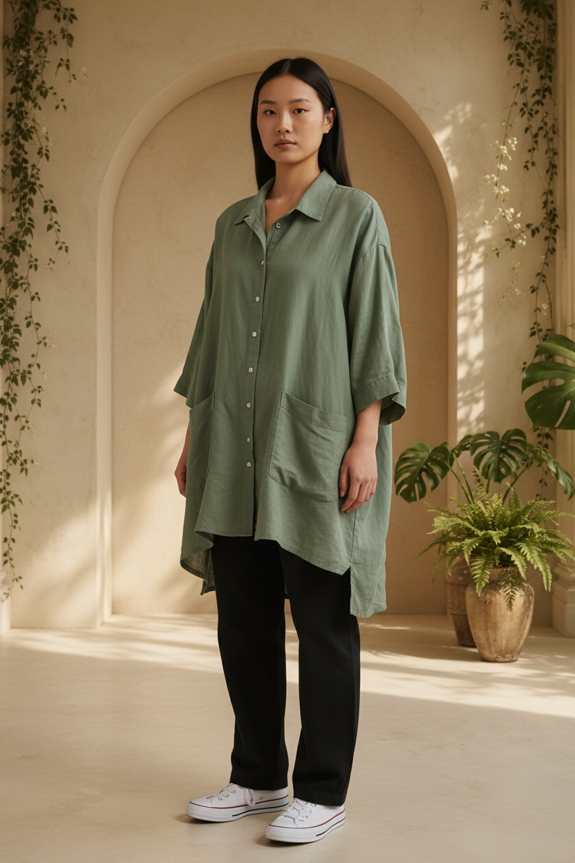 Eleven Stitch Design sage green asymmetrical snap-front pocket shacket modeled standing