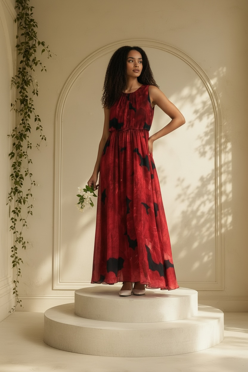 A woman stands on a round white pedestal in a cream-colored room with an arched wall backdrop, wearing a sleeveless Enfocus Petite crimson red and black abstract floral chiffon maxi dress.