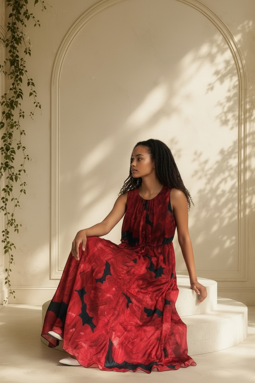 A woman sits on a white stone bench in a sunlit architectural setting, wearing a sleeveless Enfocus Petite crimson red and black abstract floral chiffon maxi dress.