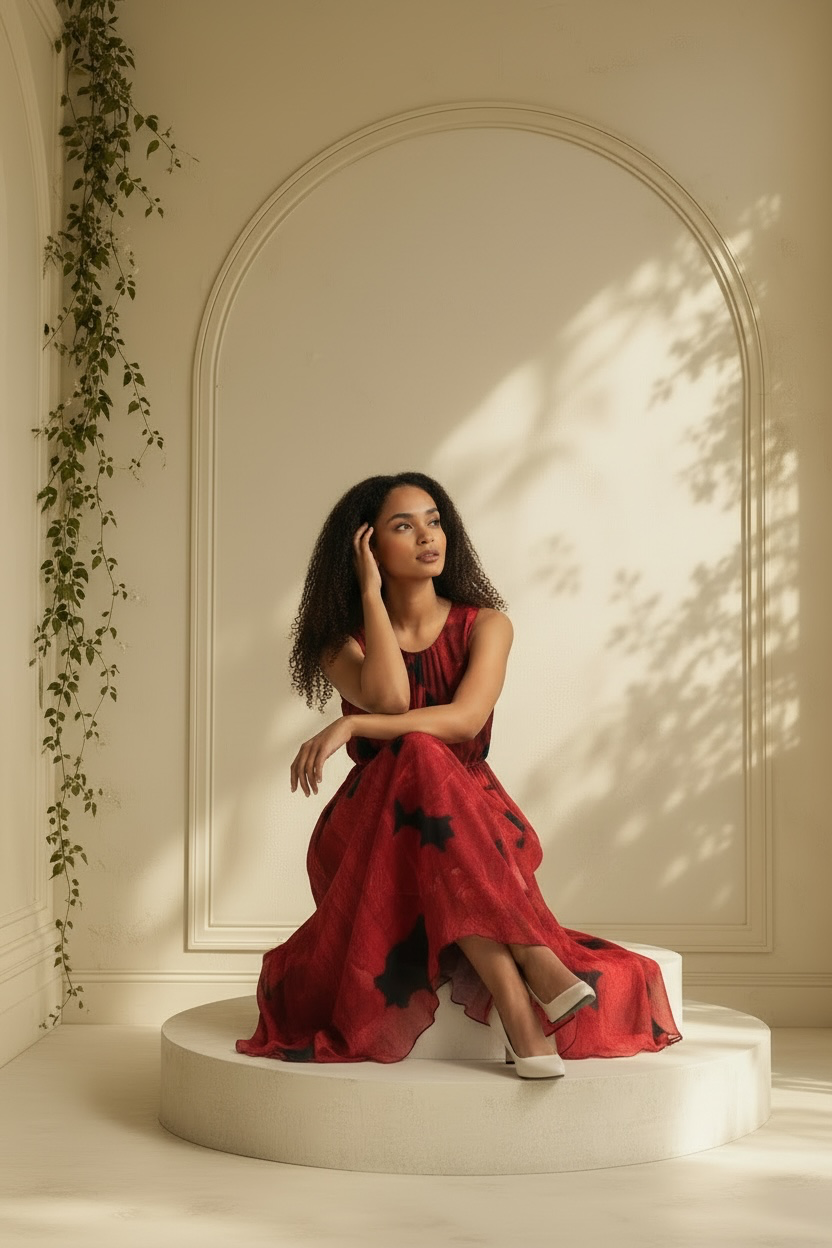 A woman sits on a white circular platform in a sunlit cream-colored room with an arched wall backdrop and leaf shadows. She is wearing a sleeveless Enfocus Petite crimson red and black abstract floral chiffon maxi dress and white pointed shoes.