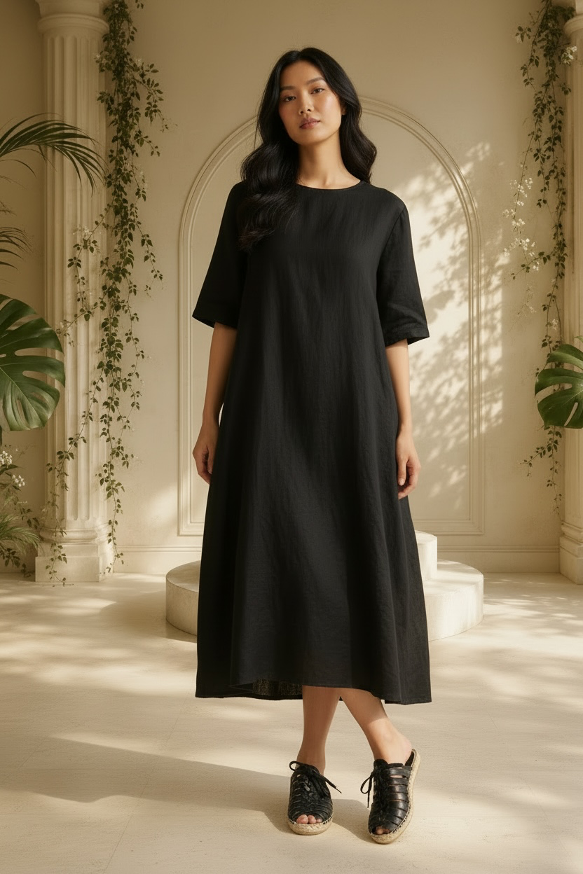 A woman stands in a sunlit architectural interior wearing a loose black midi dress with short sleeves and Free People Gable black gladiator espadrille slide sandals.