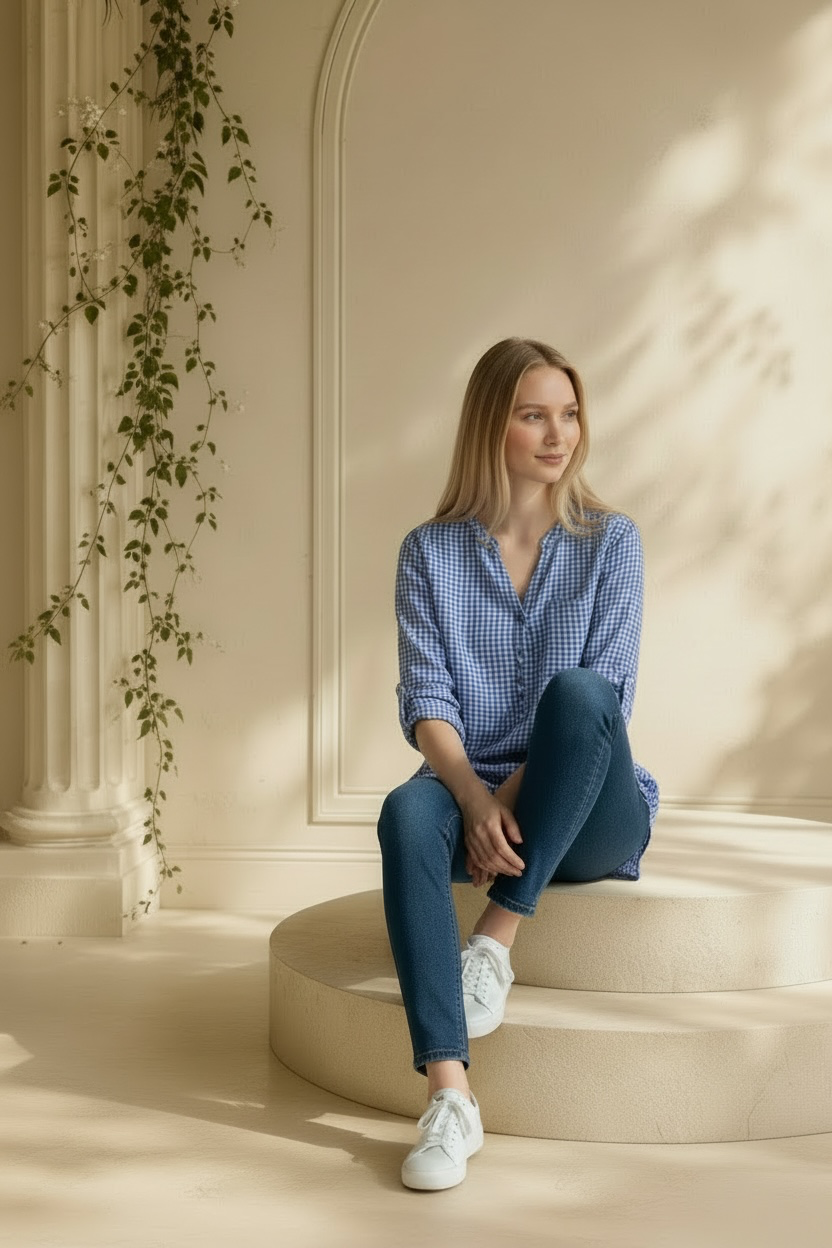Grand & Greene royal blue and off-white geometric print high-low blouse shown on model seated on a pedestal