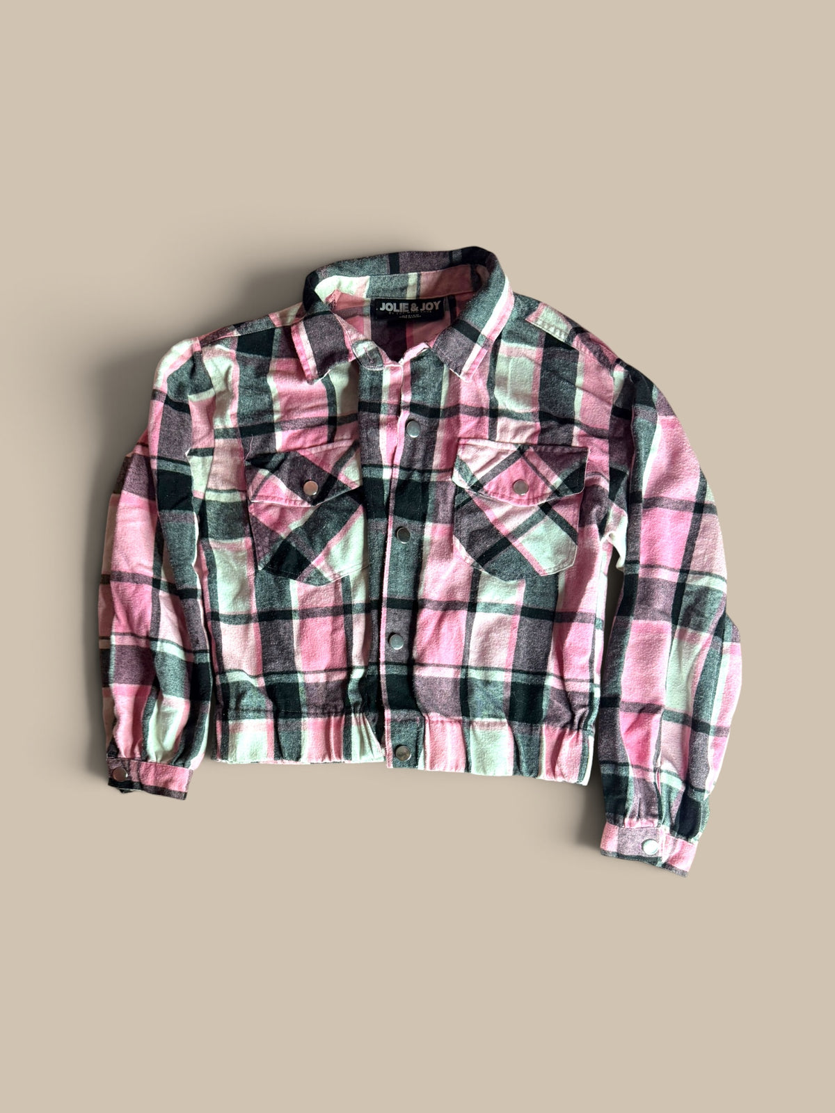 Jolie & Joy plaid cropped shirt jacket flat lay with sleeves relaxed