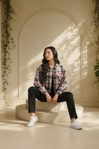 Jolie & Joy plaid cropped shirt jacket styled on seated model