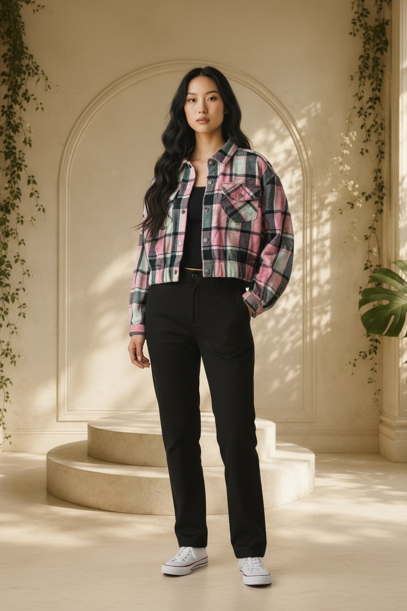 Jolie & Joy plaid cropped shirt jacket styled on standing model
