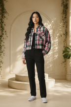 Jolie & Joy plaid cropped shirt jacket styled on standing model