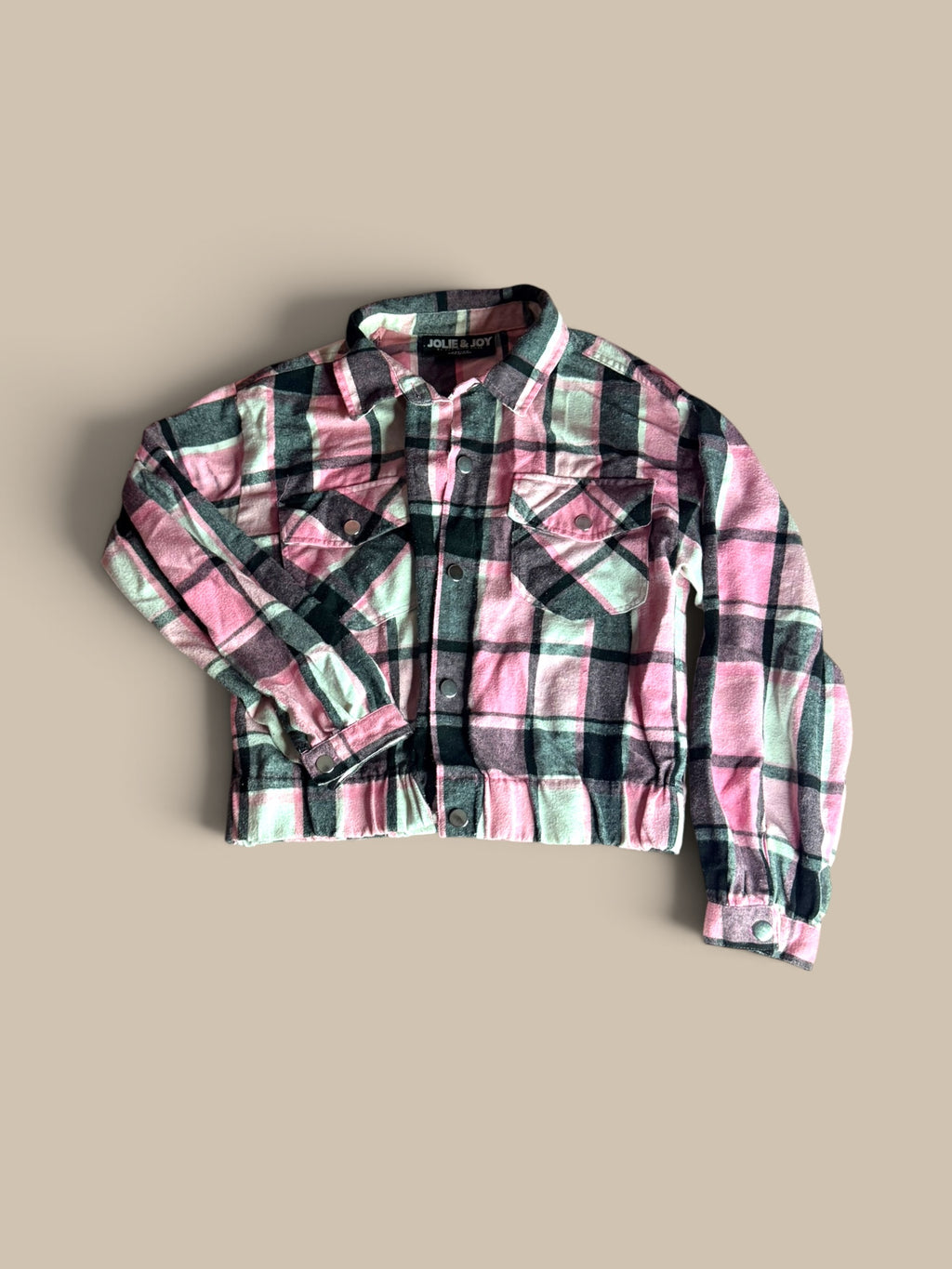 Jolie & Joy plaid cropped shirt jacket with one sleeve raised