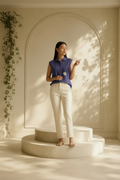A woman stands on a round cream pedestal in a sunlit room with an arched wall and leaf shadows. She is wearing a Leon Levin deep purple indigo sleeveless polo shirt and white pants, holding a small white flower.
