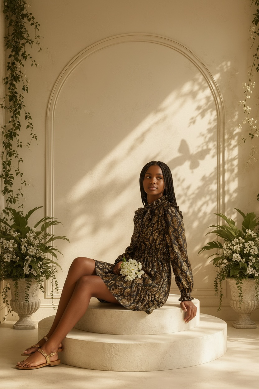MICHAEL Michael Kors gold foil python print mini dress styled on seated model