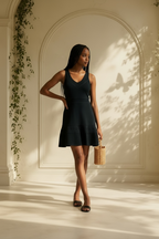 A woman stands in a sunlit interior with an arched wall and leaf shadows, wearing a MICHAEL Michael Kors black pointelle knit dress modeled with wicker handbag.