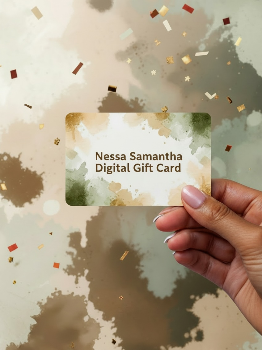 A hand holding the Nessa Samantha Digital Gift Card