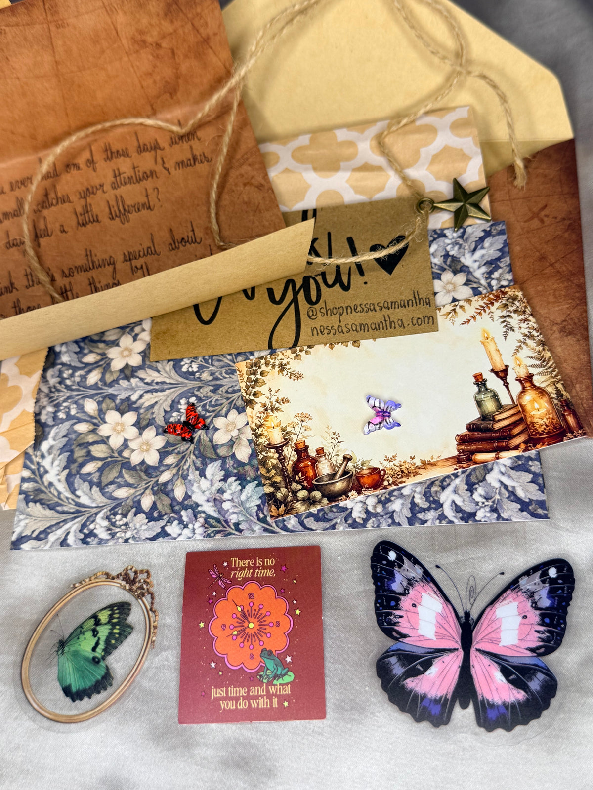 An alternative view of Nessa Samantha handwritten snail mail and its accompanying stationery and decorative details, illustrating a possible arrangement of letter contents.