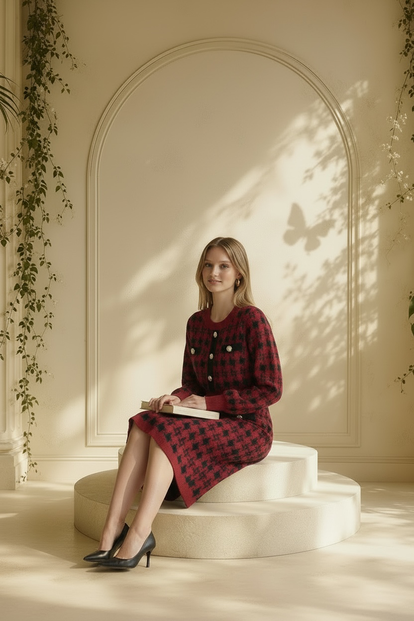 A woman sits on a cream-colored circular platform in a sunlit room with an arched wall backdrop, wearing a Nessa Samantha crimson red and black houndstooth knit sheath dress and black heels while holding an open book.