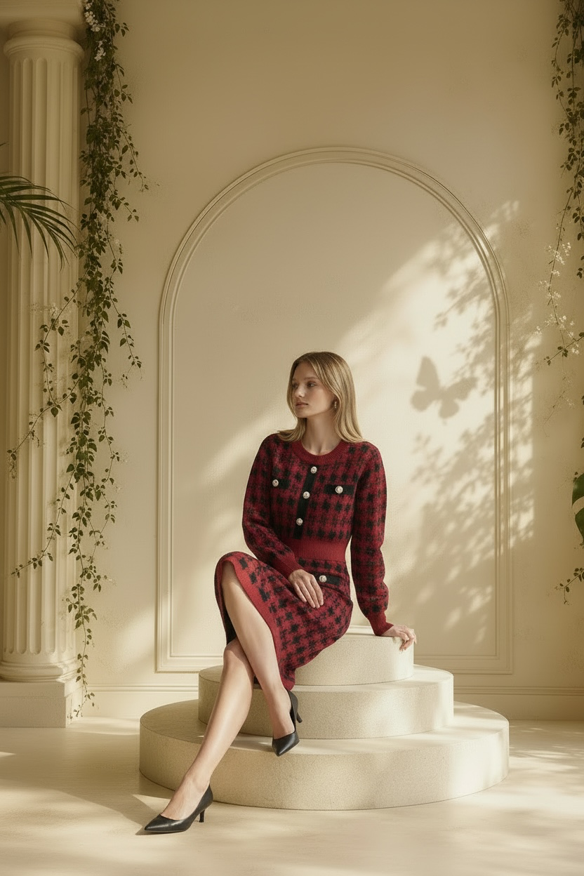 A woman sits on cream-colored steps in a sunlit architectural setting, wearing a Nessa Samantha crimson red and black houndstooth knit sheath dress with decorative buttons and black pointed heels.