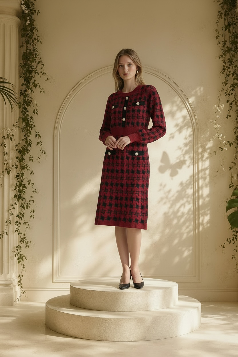 A woman stands on a round cream pedestal in a sunlit interior with arched wall molding and hanging greenery. She is wearing a Nessa Samantha crimson red and black houndstooth knit sheath dress modeled standing and black pointed heels.