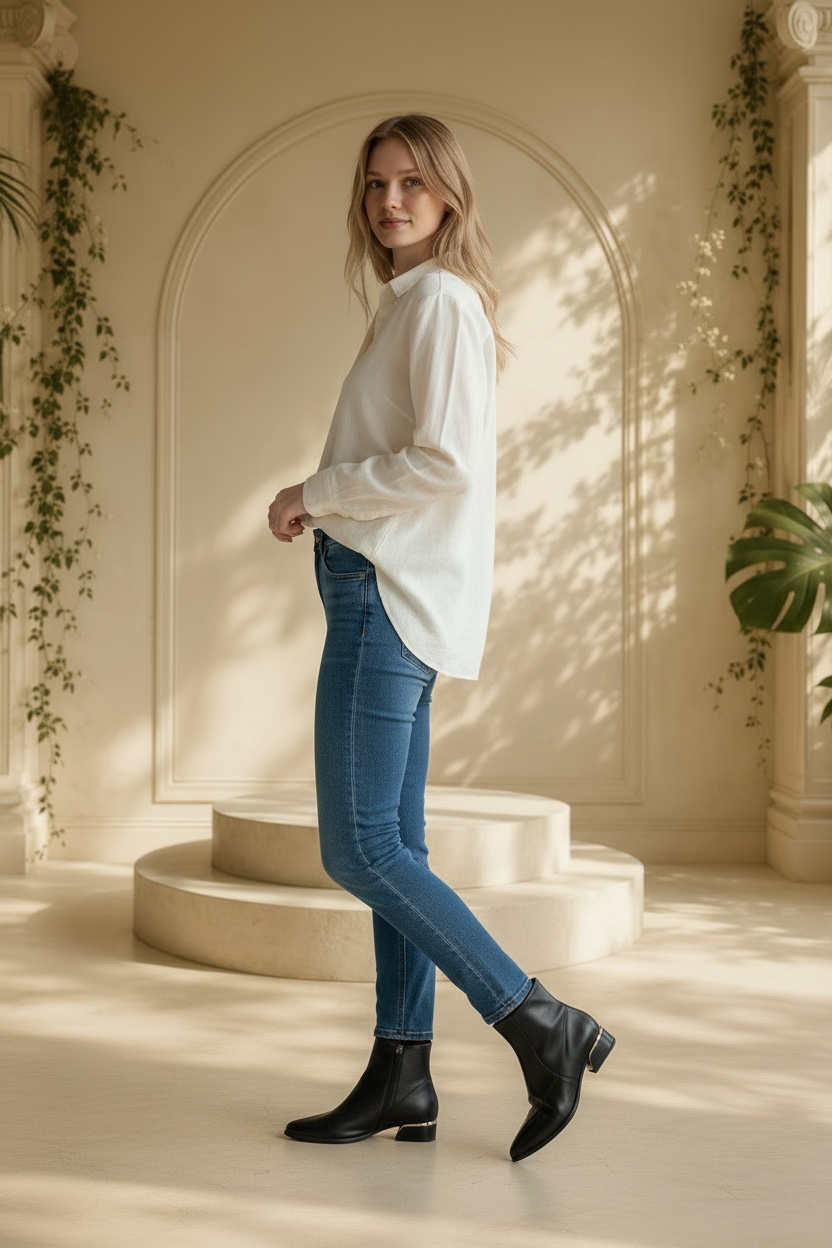 A woman stands in a sunlit cream-colored room with arched wall details and plants, wearing a loose white long-sleeve top, blue skinny jeans, and Nessa Samantha black pointed-toe block heel ankle boots.