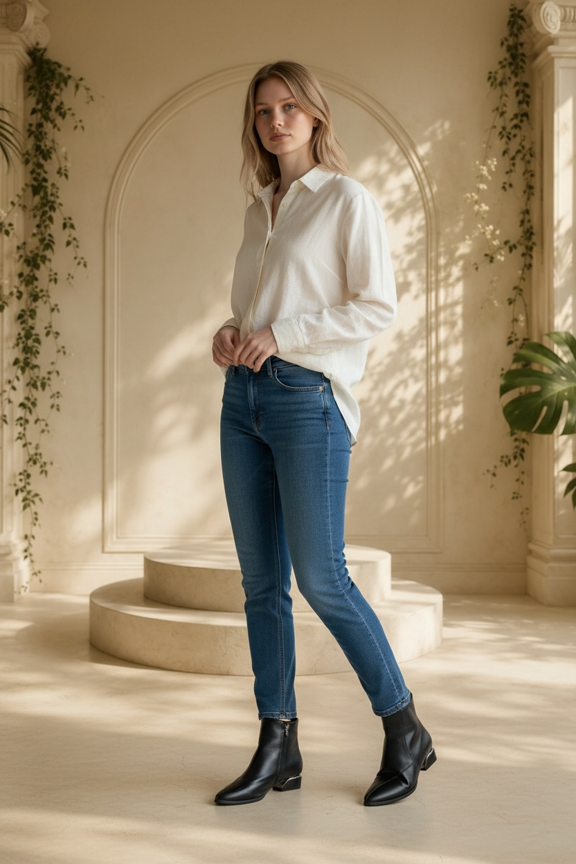 A woman stands in a sunlit cream-colored architectural setting wearing a white button-up shirt, blue skinny jeans, and Nessa Samantha black pointed-toe ankle boots with metallic heel detail.