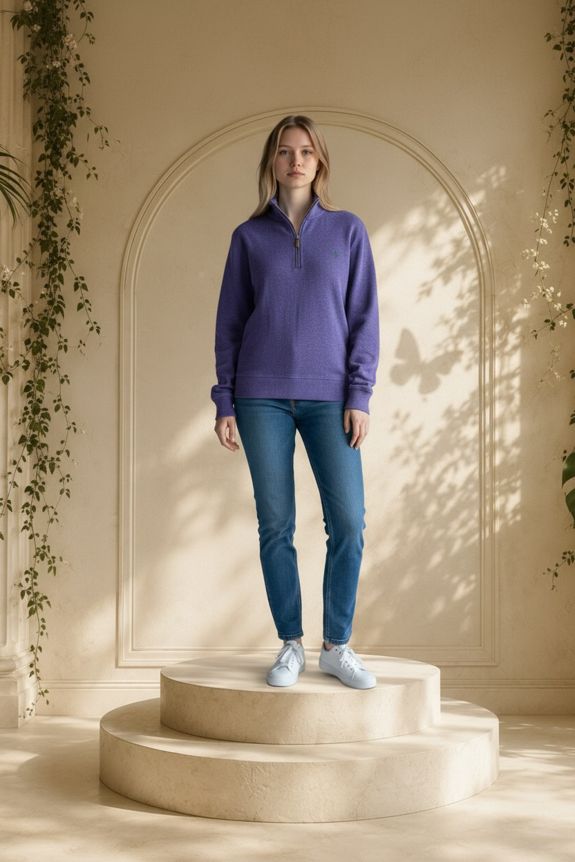 Polo Ralph Lauren Estate quarter-zip pullover in heather purple front view on model