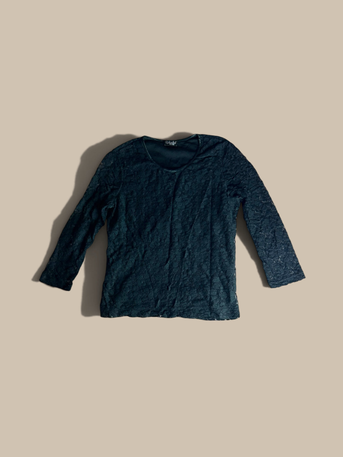 Rafaella black floral lace petite top shown in a front flat lay