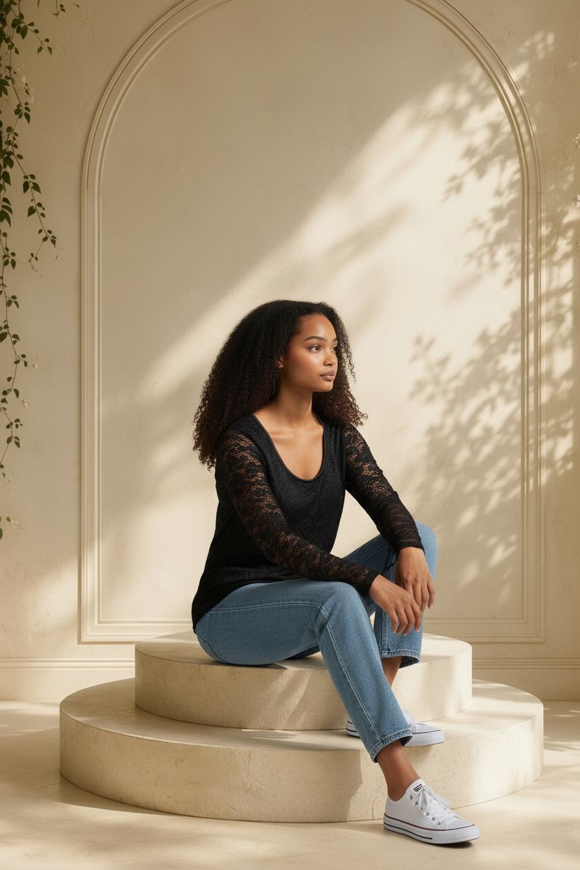 Rafaella black floral lace petite top shown on model seated on a pedestal with left knee raised