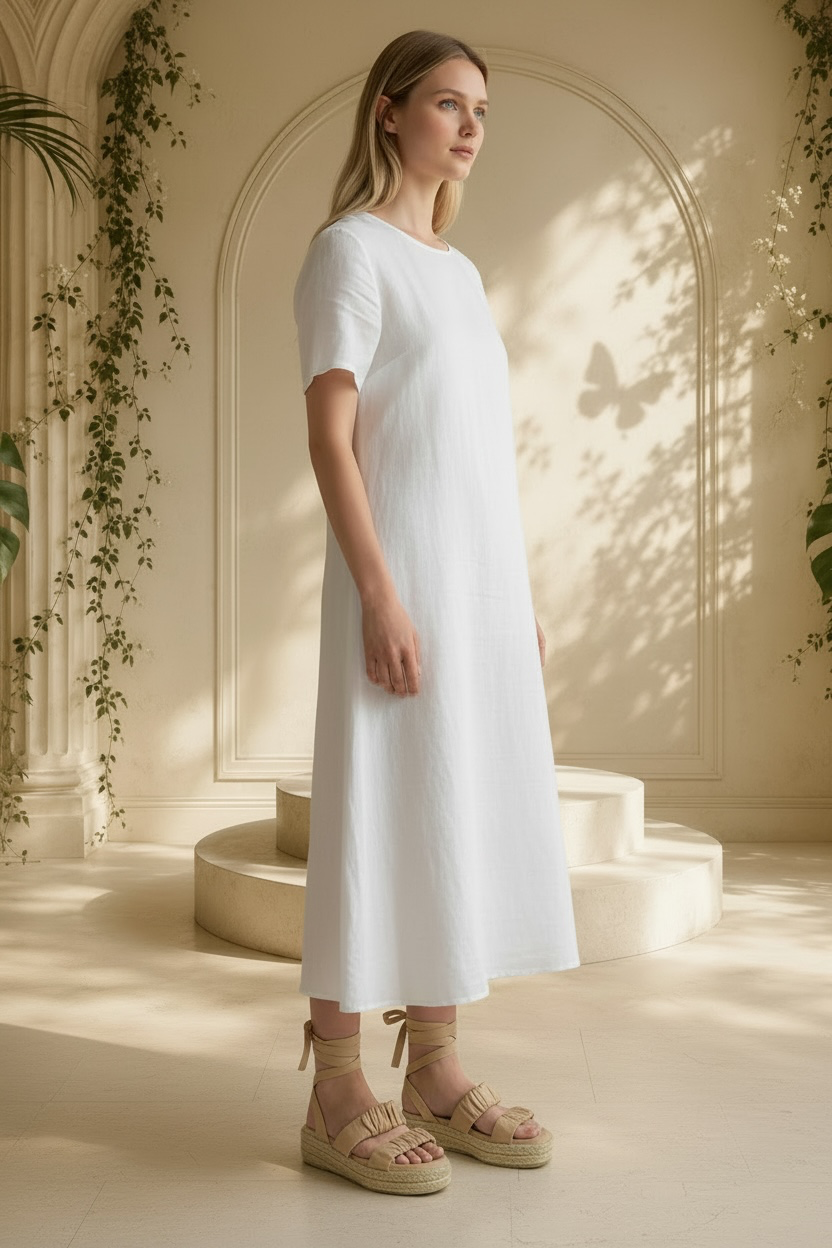 A woman stands in a sunlit architectural interior wearing a loose white midi dress with short sleeves and Sam Edelman Velma cream beige ankle-tie espadrille sandals.