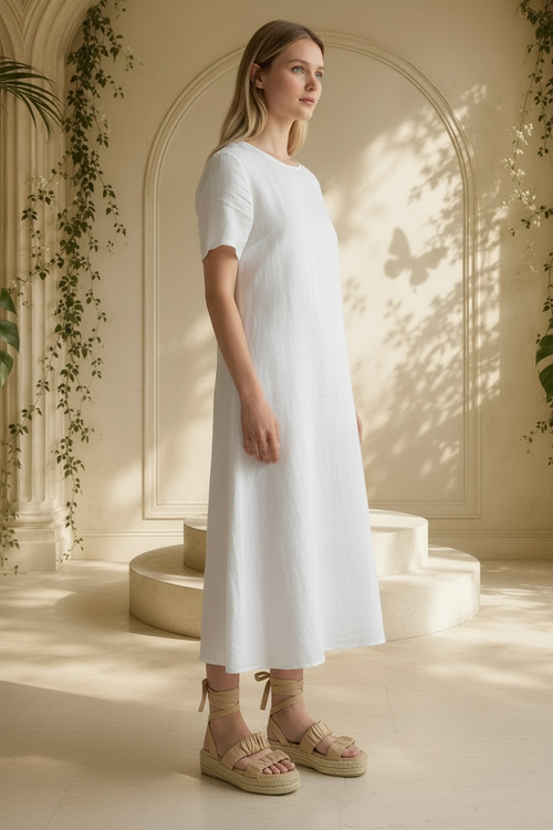 A woman stands in a sunlit architectural interior wearing a loose white midi dress with short sleeves and Sam Edelman Velma cream beige ankle-tie espadrille sandals.