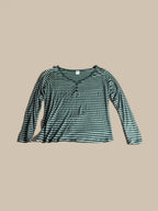 A long-sleeve Stars Above charcoal grey and white striped Henley pajama top shown in a second front flat lay