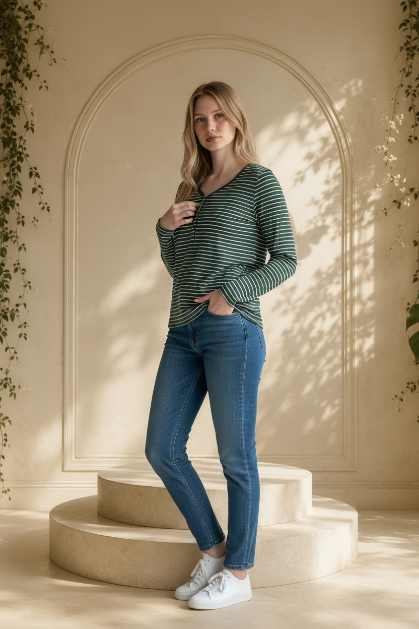 Stars Above charcoal grey and white striped Henley pajama top shown on model standing and touching the front buttons